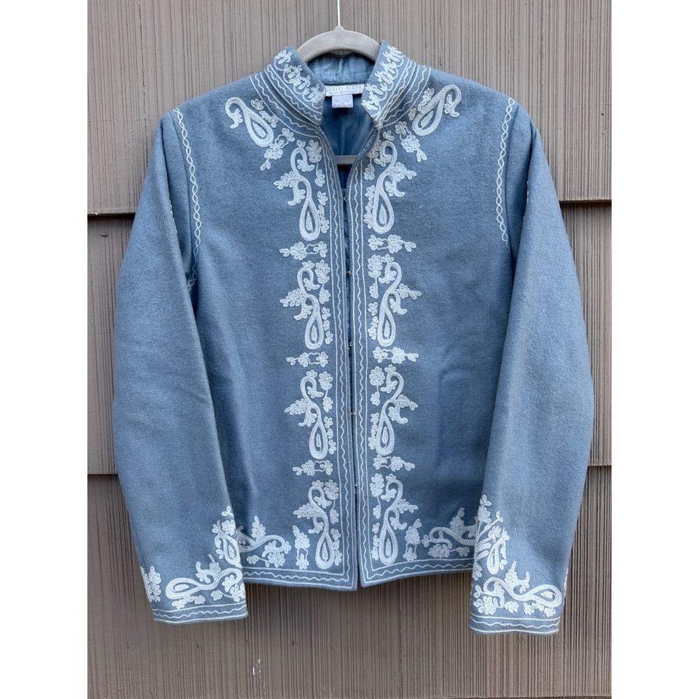 Charles Keath Blue Wool Blend Embroidered Paisley Mandarin Collar Jacket Medium
